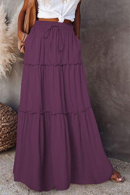 Damen Hohe Taille Maxi Rock | Rüschenlagen