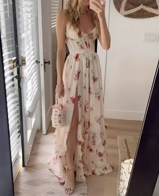 Robe longue pour femmes | Coupe régulière | Robe fleurie avec décolleté en V | Look estival de vacances