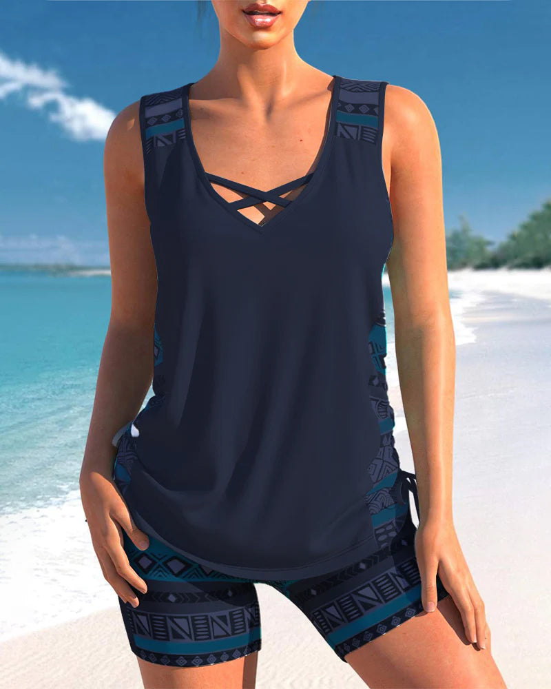Set tankini damă fără mâneci cu detaliu încrucișat și pantaloni scurți | Sport