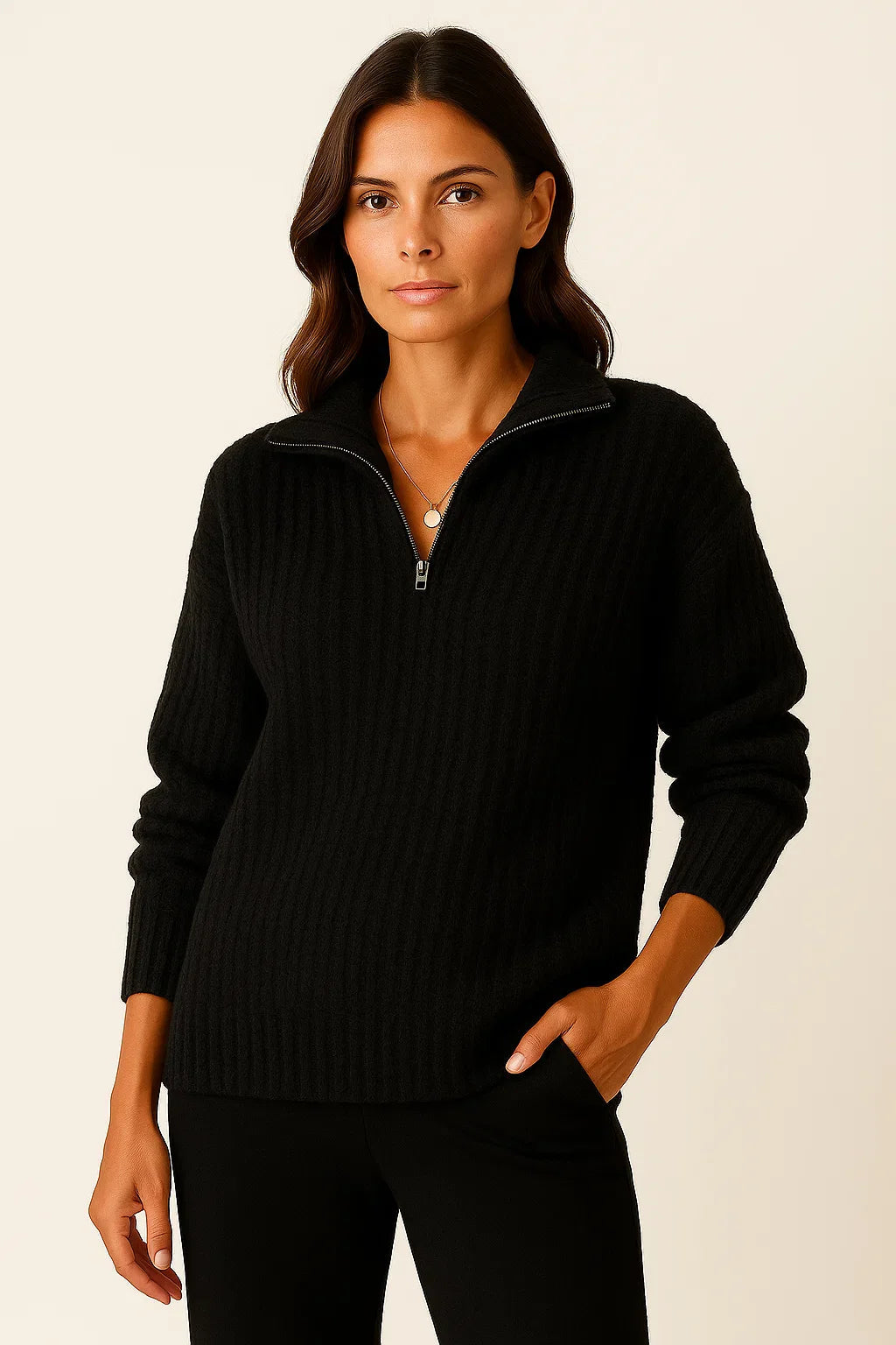 Gerippter Strickpullover mit hohem Kragen und Reißverschluss