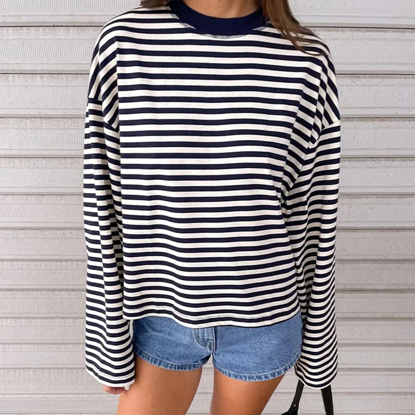 Damen Langarm Sweatshirt mit Streifen Oversize Rundhalsausschnitt | Gestreift