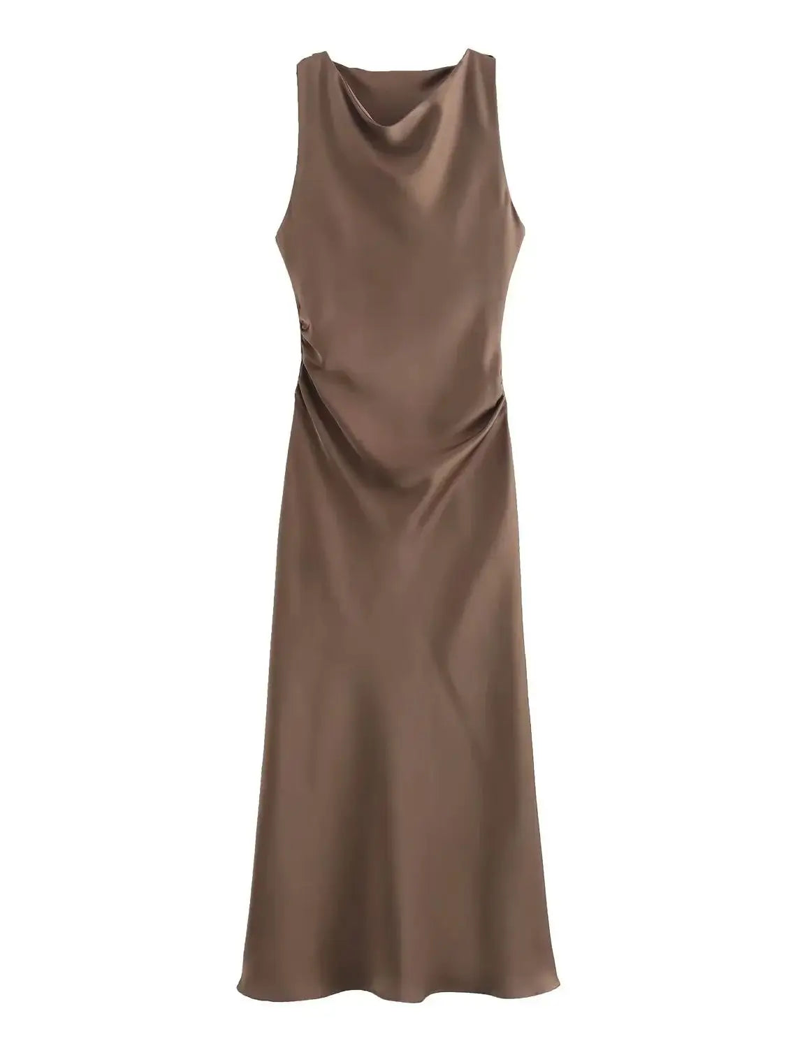 Damen Kleid Ärmellos Rundhals Geraffte Taille Kleid | Midi