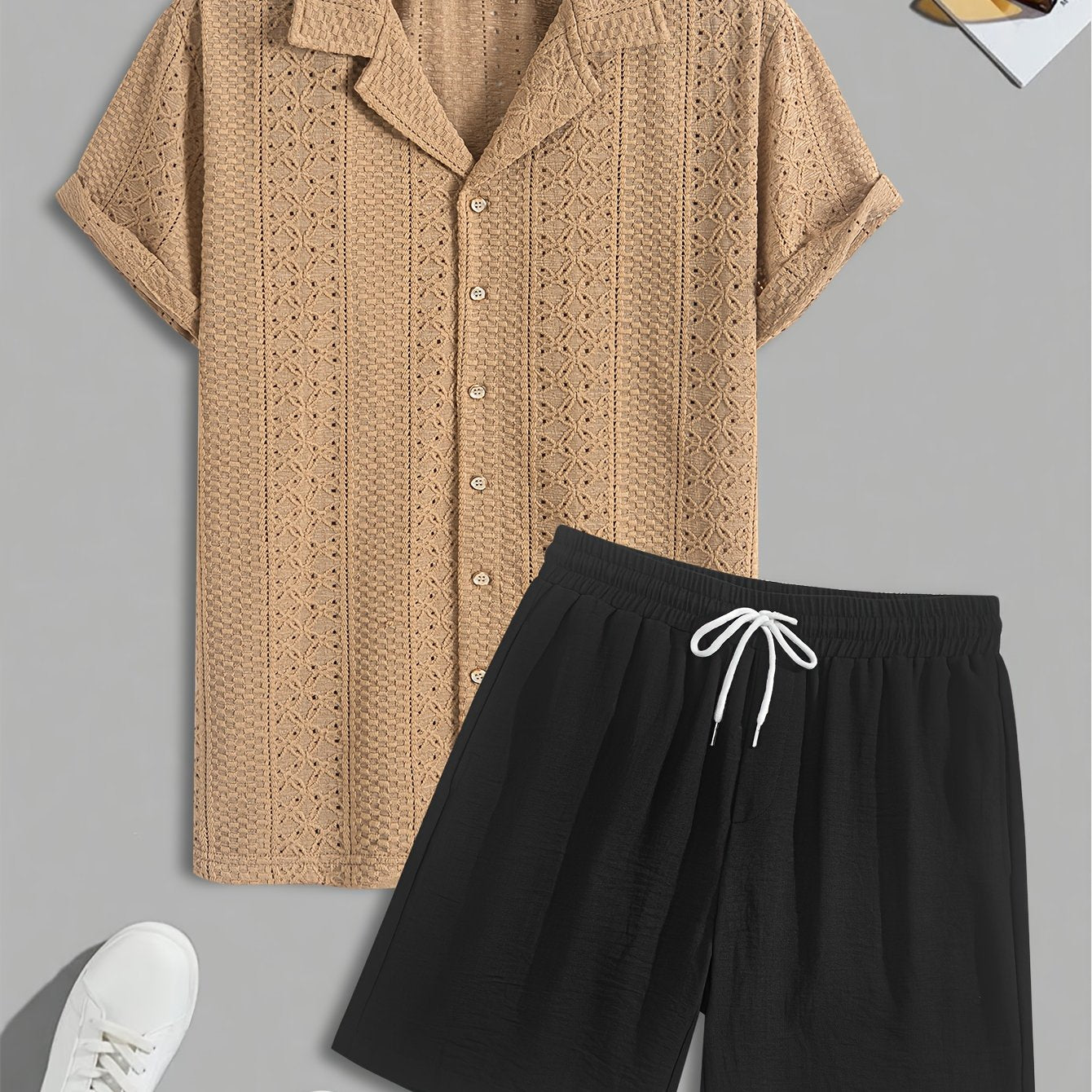 Ensemble de loisirs pour homme | Tenue deux pièces avec col de chemise | Shorts à cordon de serrage | Look estival moderne