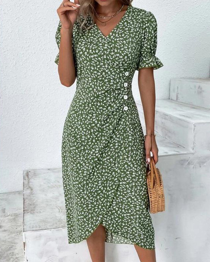Robe midi femme | Coupe régulière | Robe portefeuille fleurie avec décolleté en V | Look décontracté d'été