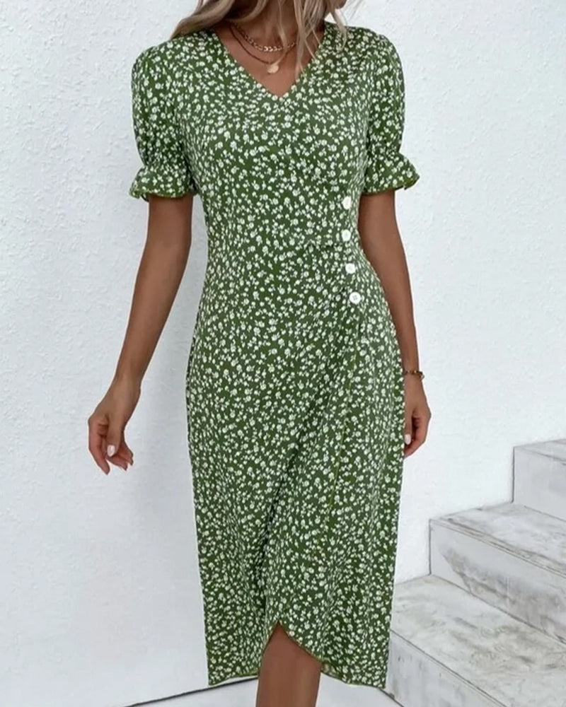 Robe midi femme | Coupe régulière | Robe portefeuille fleurie avec décolleté en V | Look décontracté d'été