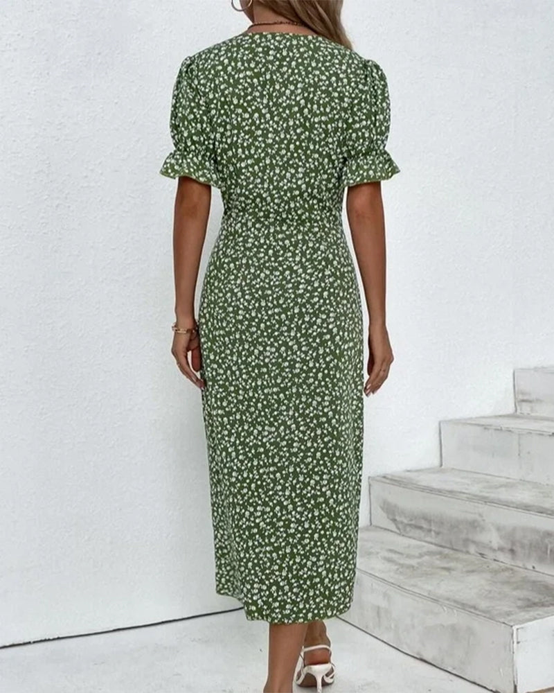 Robe midi femme | Coupe régulière | Robe portefeuille fleurie avec décolleté en V | Look décontracté d'été