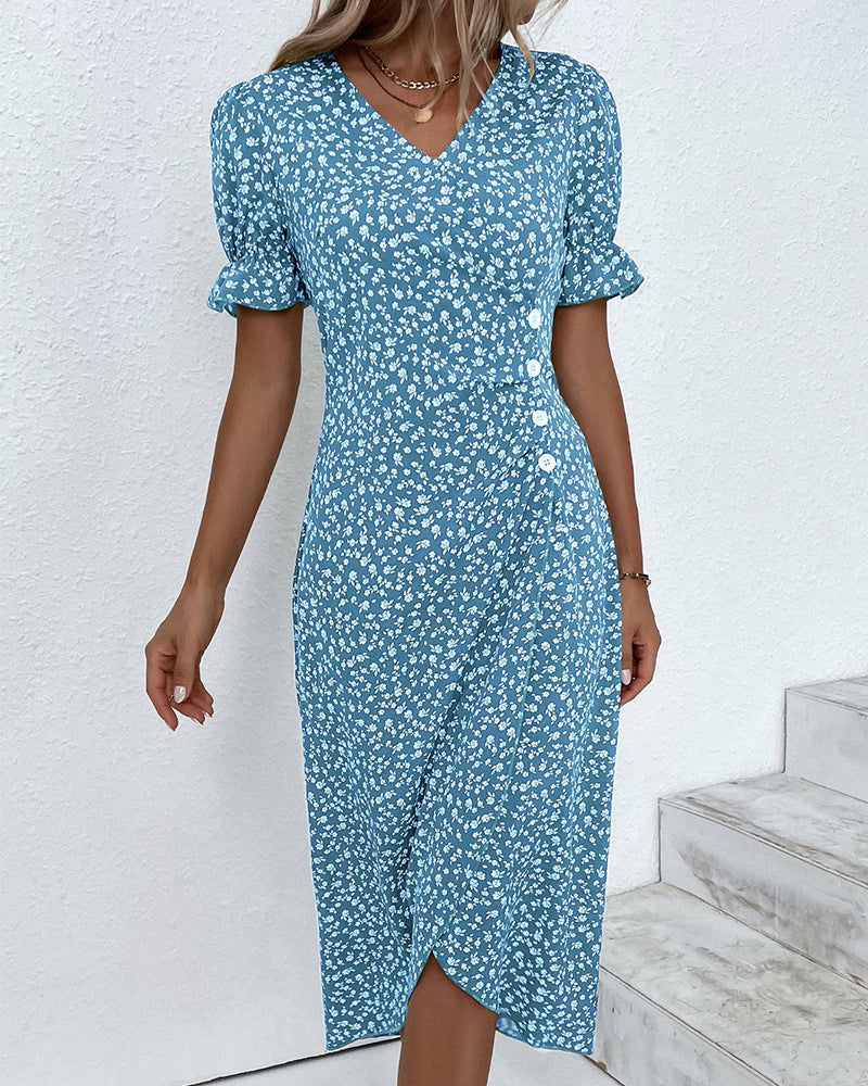 Robe midi femme | Coupe régulière | Robe portefeuille fleurie avec décolleté en V | Look décontracté d'été