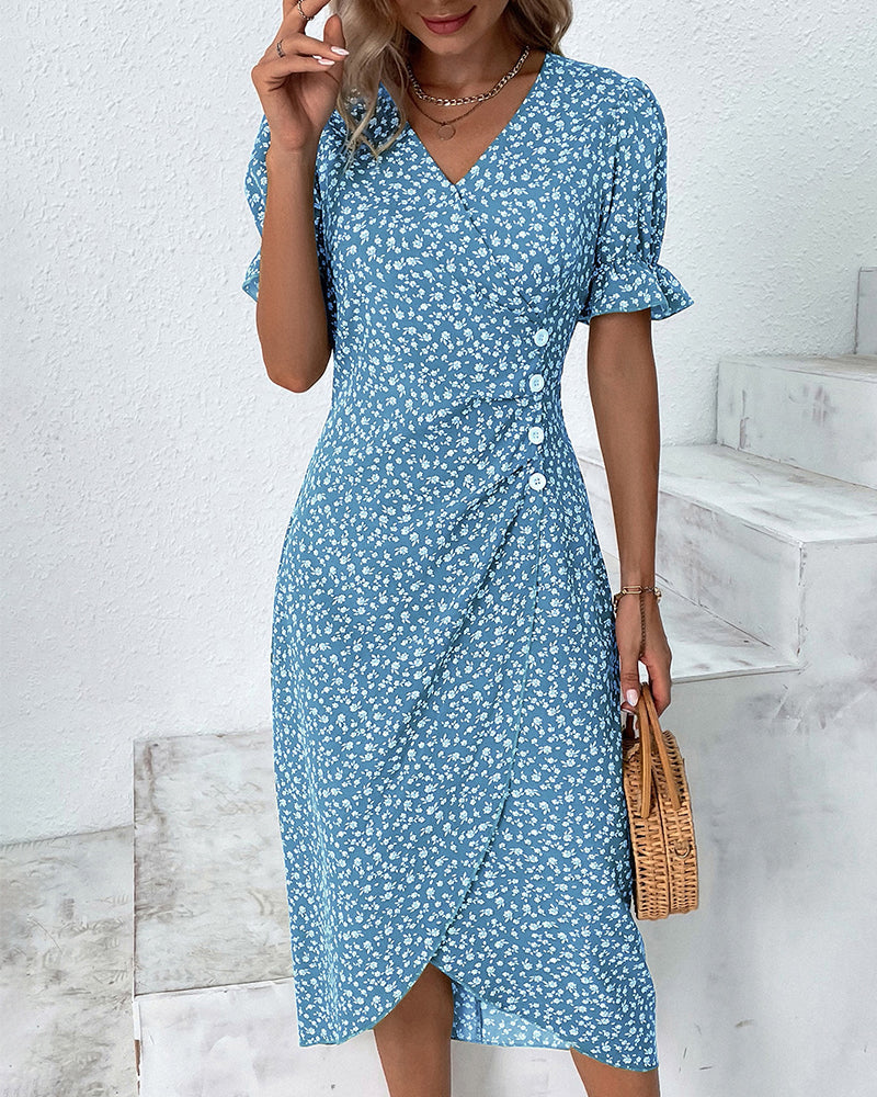Robe midi femme | Coupe régulière | Robe portefeuille fleurie avec décolleté en V | Look décontracté d'été