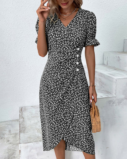Robe midi femme | Coupe régulière | Robe portefeuille fleurie avec décolleté en V | Look décontracté d'été