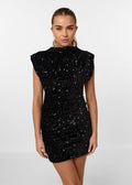 Damen Kleid Kappenärmel Hoher Kragen Pailletten Kleid | Mini