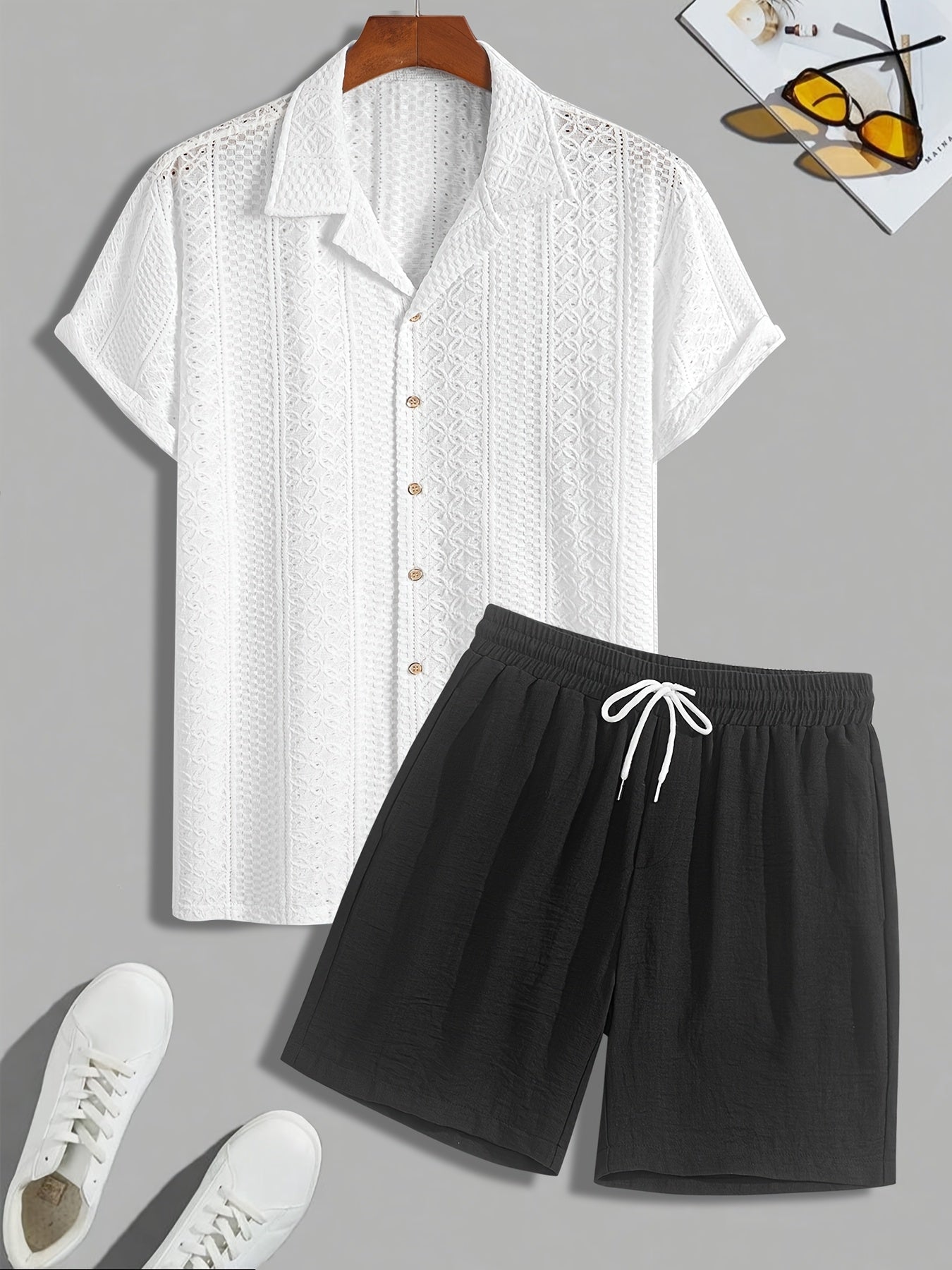 Ensemble de loisirs pour homme | Tenue deux pièces avec col de chemise | Shorts à cordon de serrage | Look estival moderne