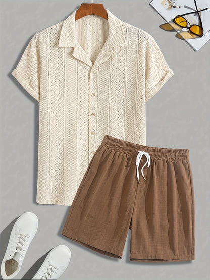 Ensemble de loisirs pour homme | Tenue deux pièces avec col de chemise | Shorts à cordon de serrage | Look estival moderne
