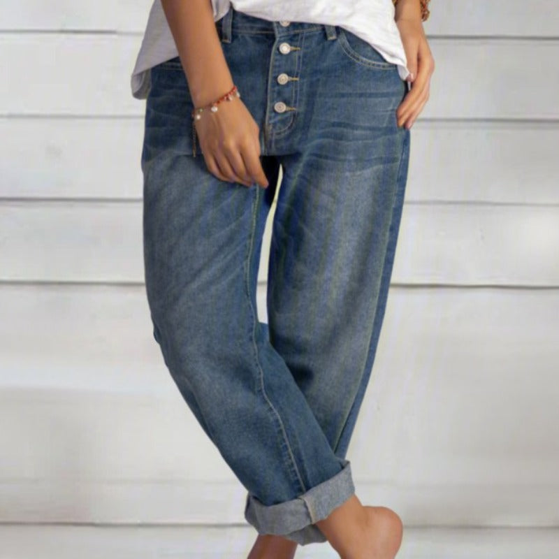 Damen Weite Passform Hose mit Knopfleiste | Hochgekrempelter Saum