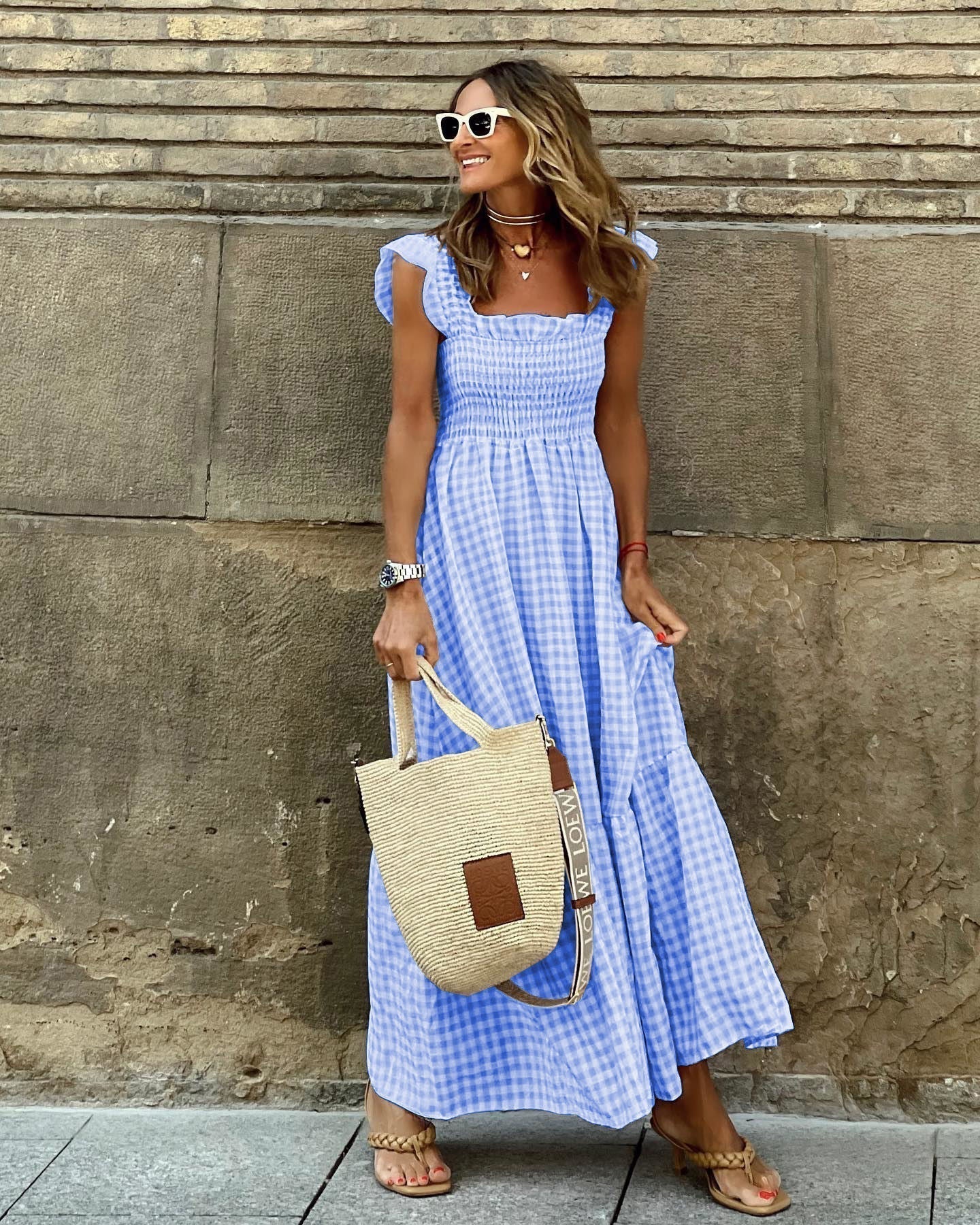 Robe longue pour femmes | Coupe trapèze avec haut smocké | Design sans manches | Look décontracté estival