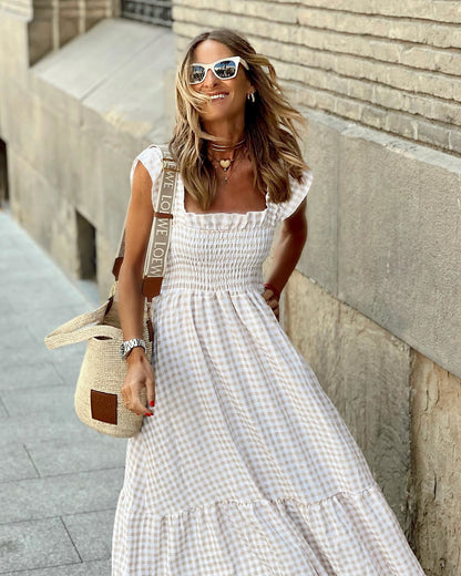 Robe longue pour femmes | Coupe trapèze avec haut smocké | Design sans manches | Look décontracté estival