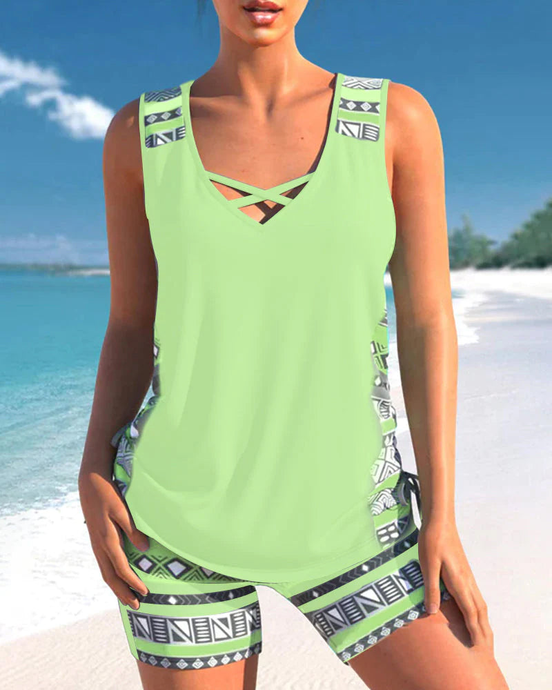 Set tankini damă fără mâneci cu detaliu încrucișat și pantaloni scurți | Sport