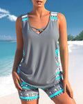 Damen Tankini Set Ärmellos Kreuz Detail Ausschnitt Shorts Set | Sport