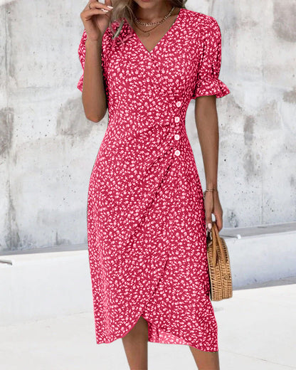 Robe midi femme | Coupe régulière | Robe portefeuille fleurie avec décolleté en V | Look décontracté d'été