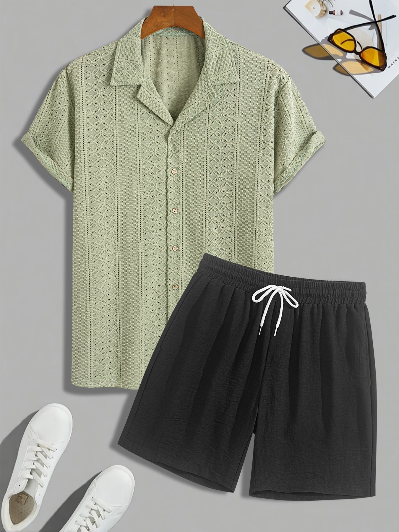 Ensemble de loisirs pour homme | Tenue deux pièces avec col de chemise | Shorts à cordon de serrage | Look estival moderne