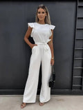 Damen Jumpsuit mit eckigem Ausschnitt Spitzendetails und ausgestelltem Bein | Langarm