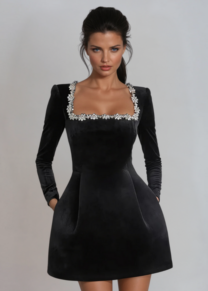 Damen Kleid Langarm Eckiger Ausschnitt Party Kleid | Mini
