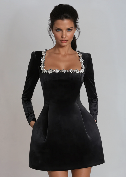 Damen Kleid Langarm Eckiger Ausschnitt Party Kleid | Mini