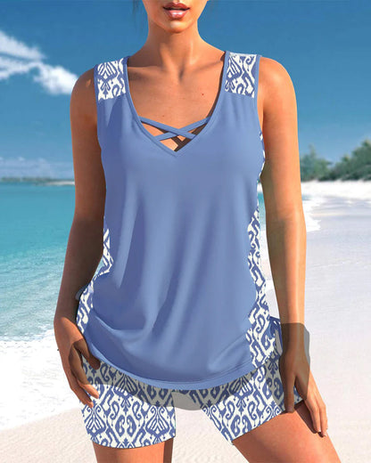 Set tankini damă fără mâneci cu detaliu încrucișat și pantaloni scurți | Sport