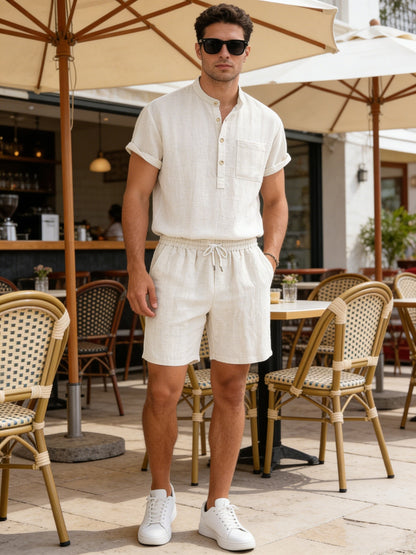 Ensemble d'été pour homme | Coupe décontractée deux pièces | T-shirt Henley à manches courtes et short | Style décontracté pour les loisirs