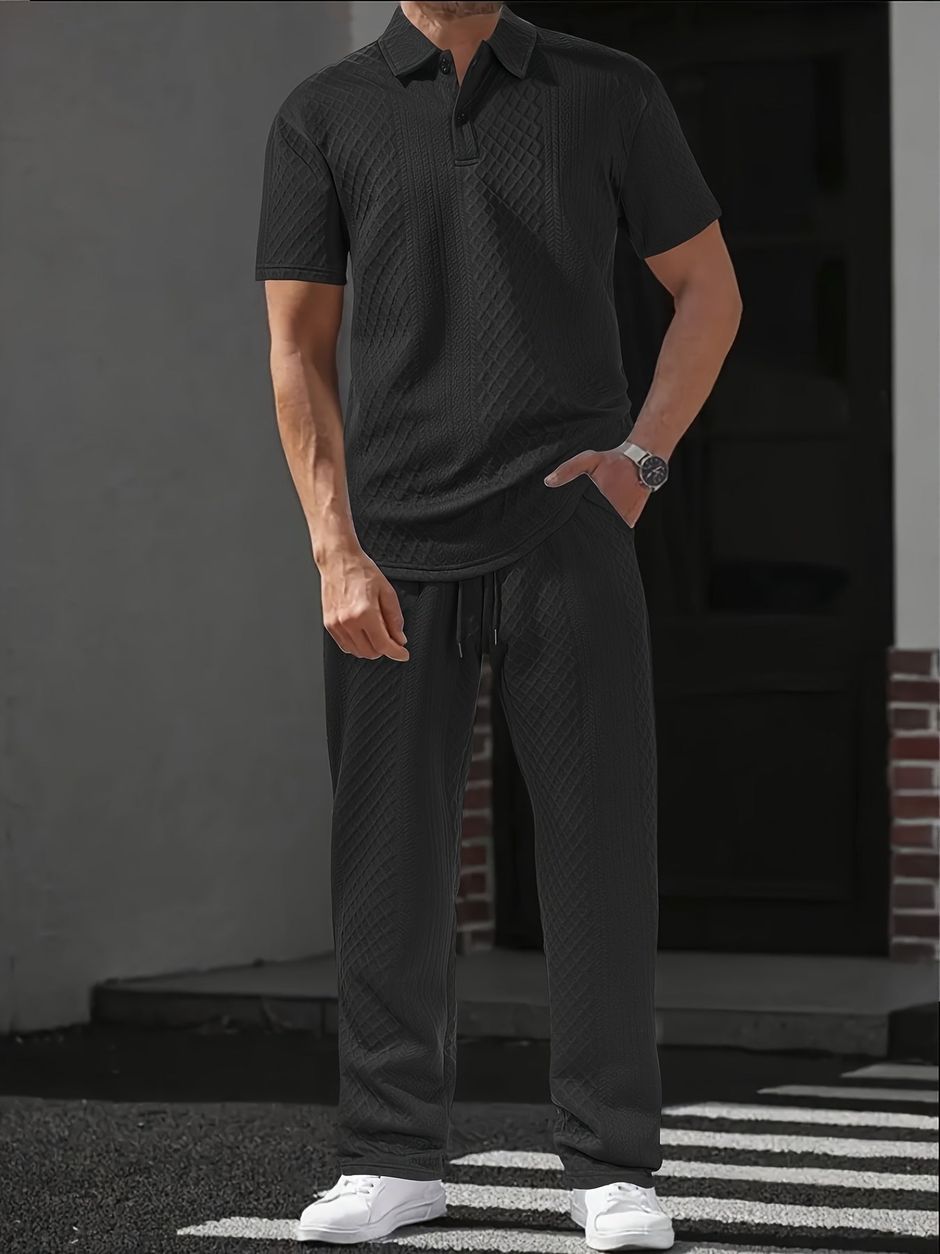 Herren Set | Relaxed Fit Polo-Shirt und Hosen-Set | Kordelzugbund | Smart Casual Stil