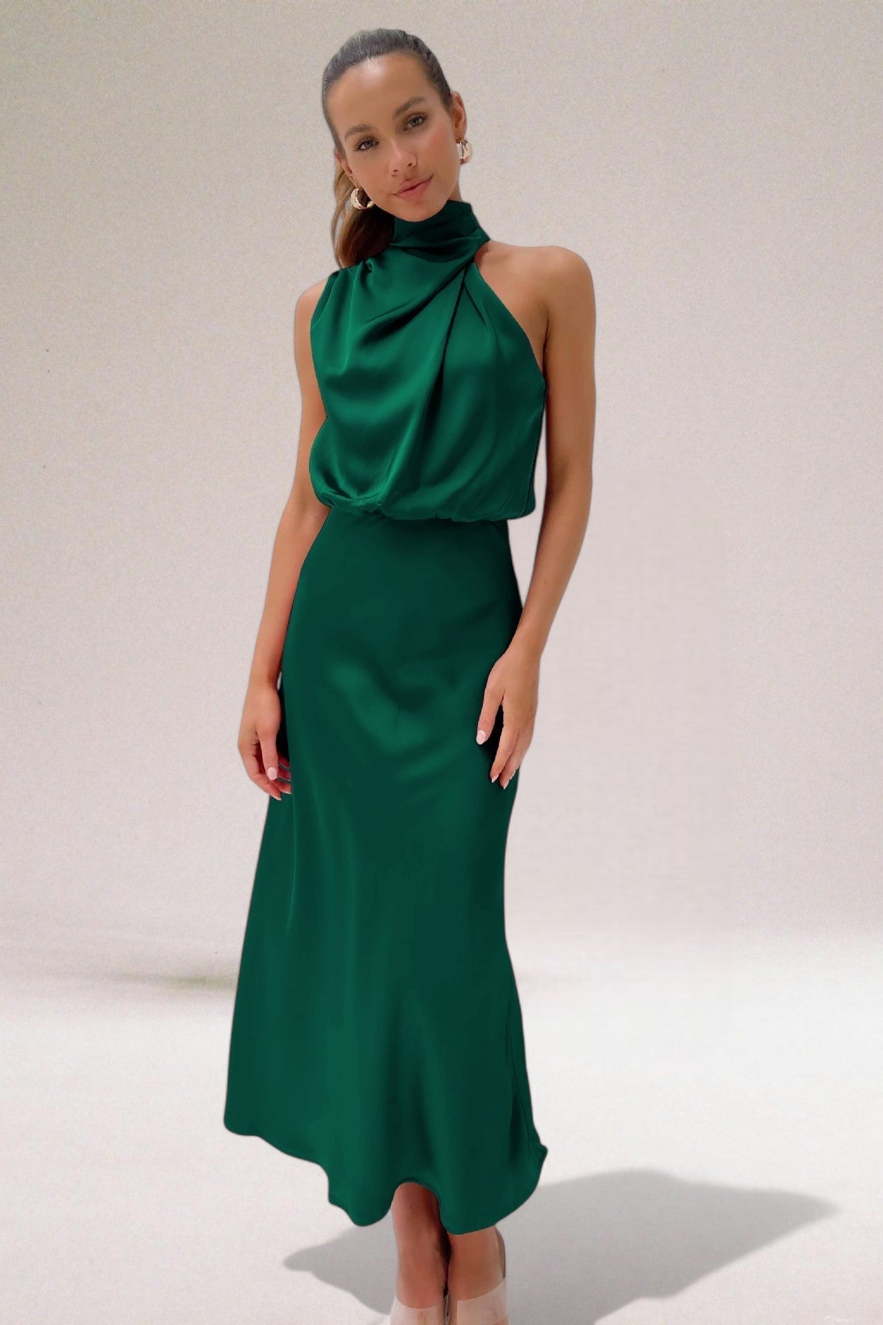 Abito da sera da donna | Abito lungo con collo all'americana | Silhouette fluida | Look elegante