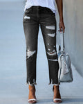 Damen Gerade Passform Hose mit Mittlerem Bund | Riss Design