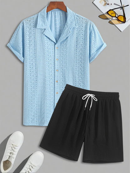 Ensemble de loisirs pour homme | Tenue deux pièces avec col de chemise | Shorts à cordon de serrage | Look estival moderne
