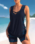 Damen Tankini Set Ärmellos Kreuz Detail Ausschnitt Shorts Set | Sport