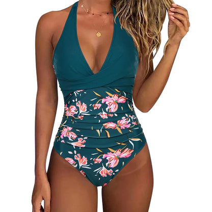 Costum de baie damă cu guler halter, decolteu în V, aspect înfășurat, talie înaltă, imprimeu tropical