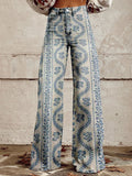 Damen Weite Passform Hose mit Knopfverschluss | Gemustertes Ausgestelltes Bein