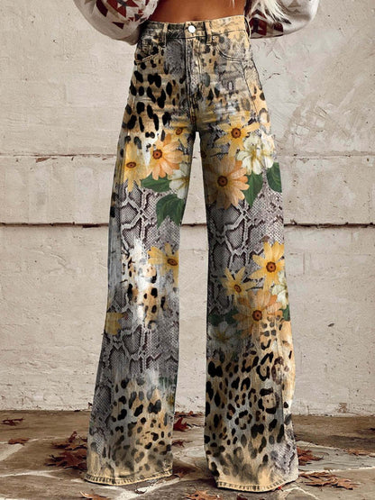 Damen Weite Passform Hose mit Knopfverschluss | Gemustertes Ausgestelltes Bein