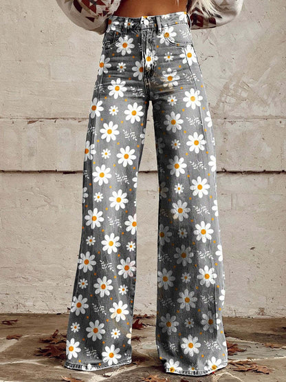 Damen Weite Passform Hose mit Knopfverschluss | Gemustertes Ausgestelltes Bein