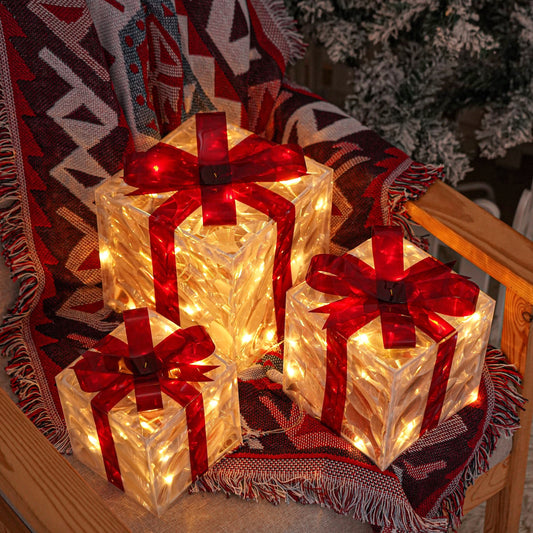 Beleuchtete Weihnachtsgeschenkboxen, 3er-Set – Warmweiße LED-Weihnachtsdekoration für den Innen- und Außenbereich