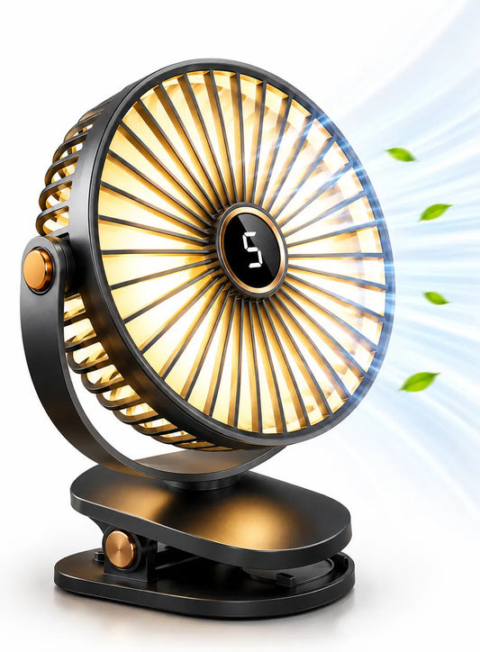 Akumulátorový klipový ventilátor s LED, 5 stupni a 8000 mAh