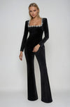 Damen Jumpsuit mit eckigem Ausschnitt Spitzenbesatz und ausgestelltem Bein | Langarm