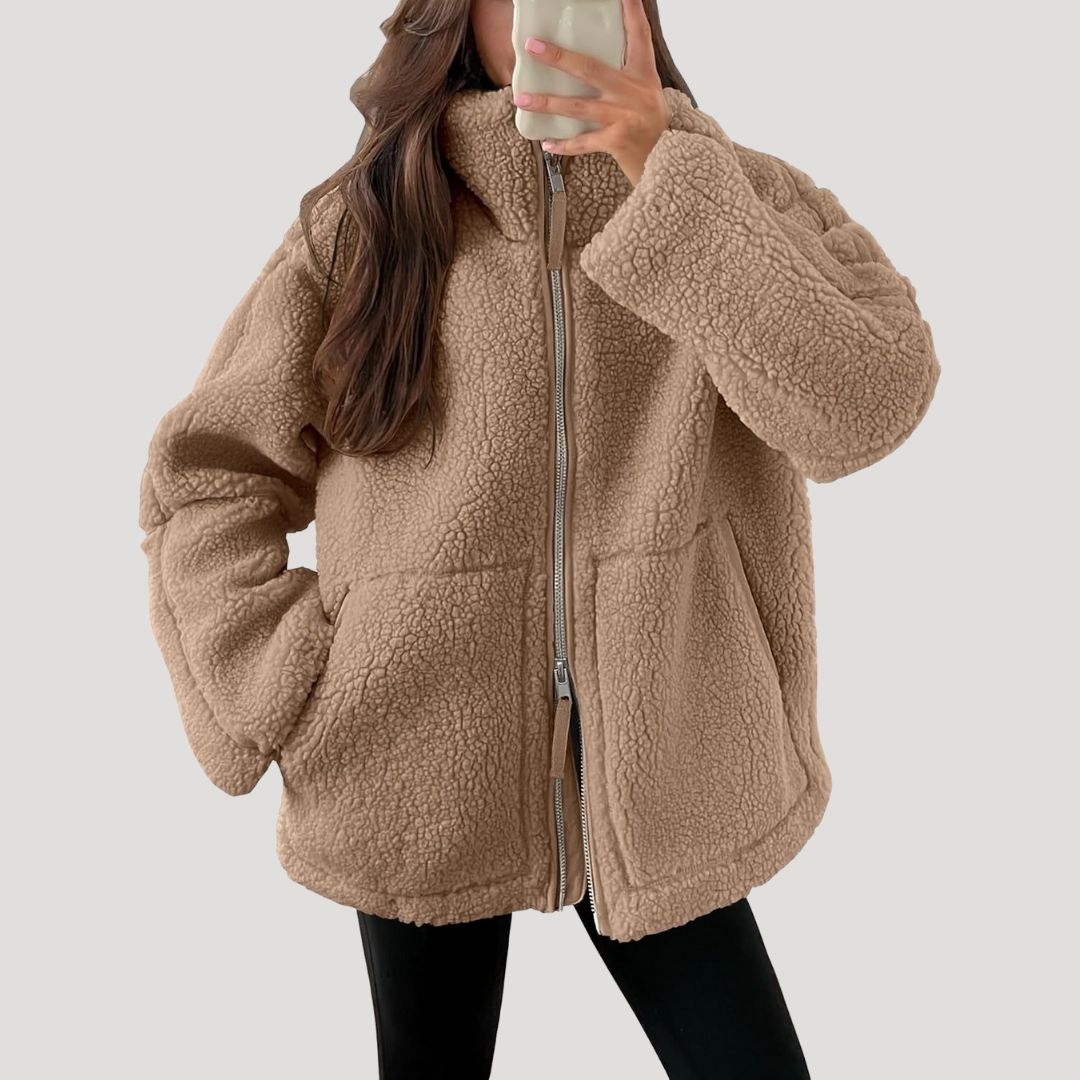Damen-Fleece-Teddy-Winterjacke mit Reißverschluss, flauschig 1