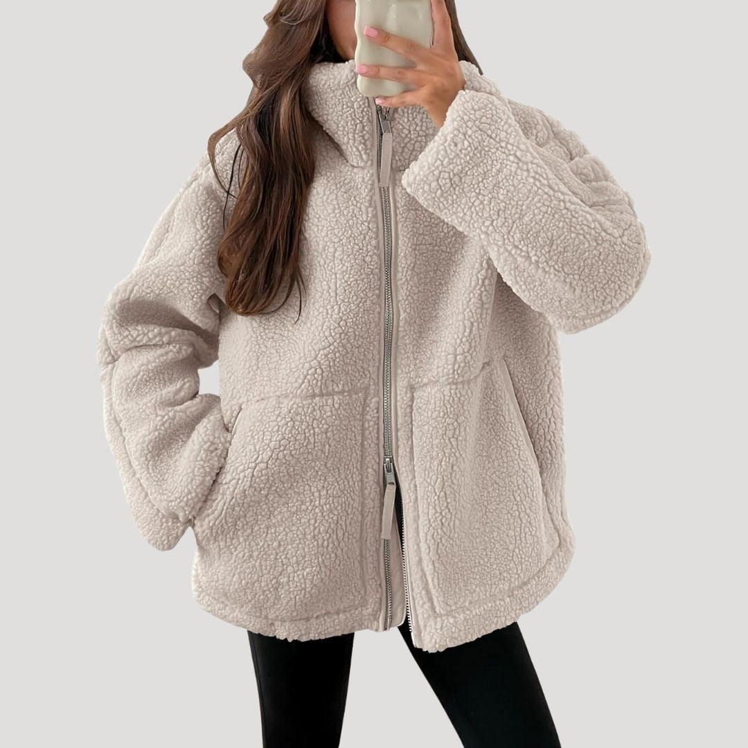 Damen-Fleece-Teddy-Winterjacke mit Reißverschluss, flauschig 2