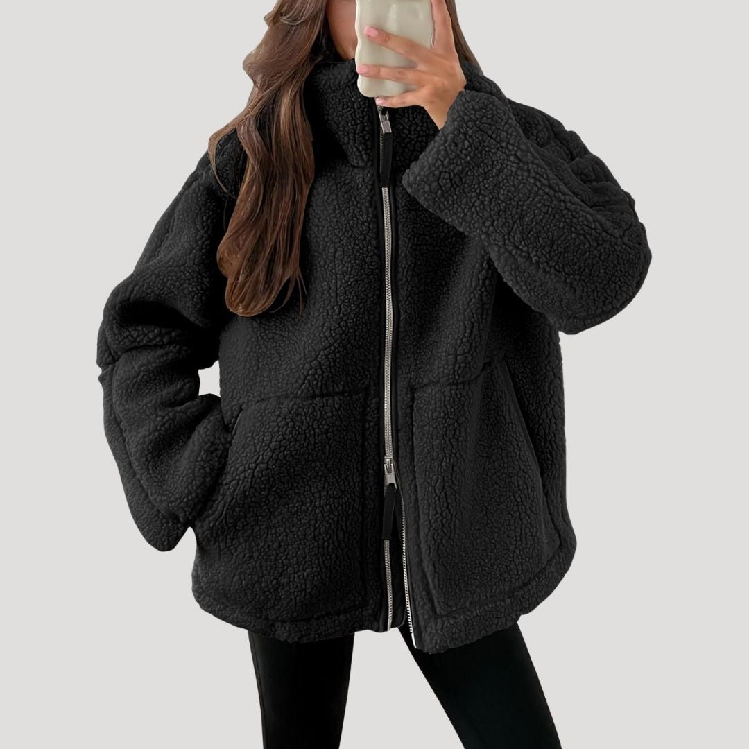 Damen-Fleece-Teddy-Winterjacke mit Reißverschluss, flauschig 5