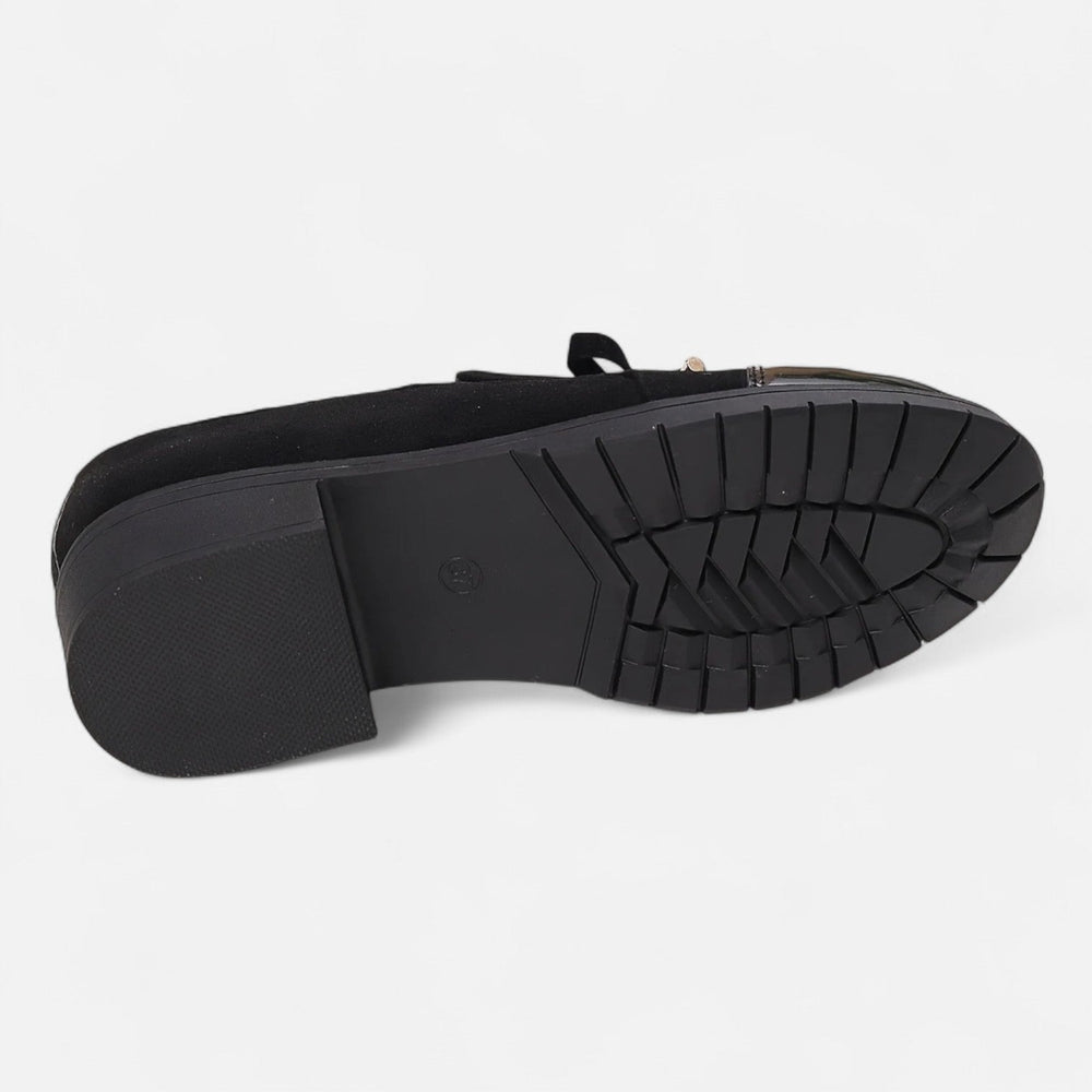 Damen-Loafer mit Blockabsatz – Lacklederschuhe mit Kappe und Schleife 1