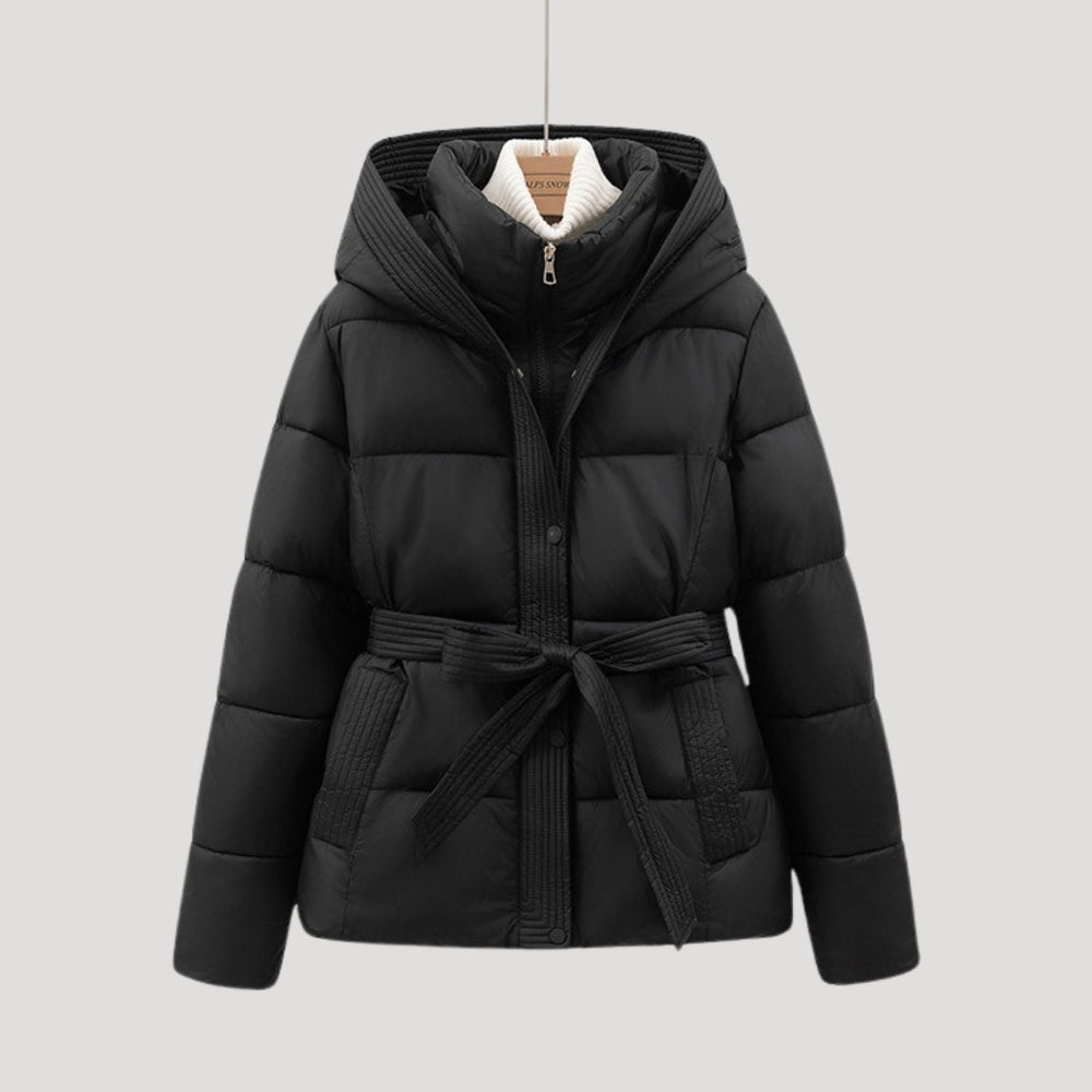 Damen-Winter-Steppjacke mit Kapuze und Gürtel 1