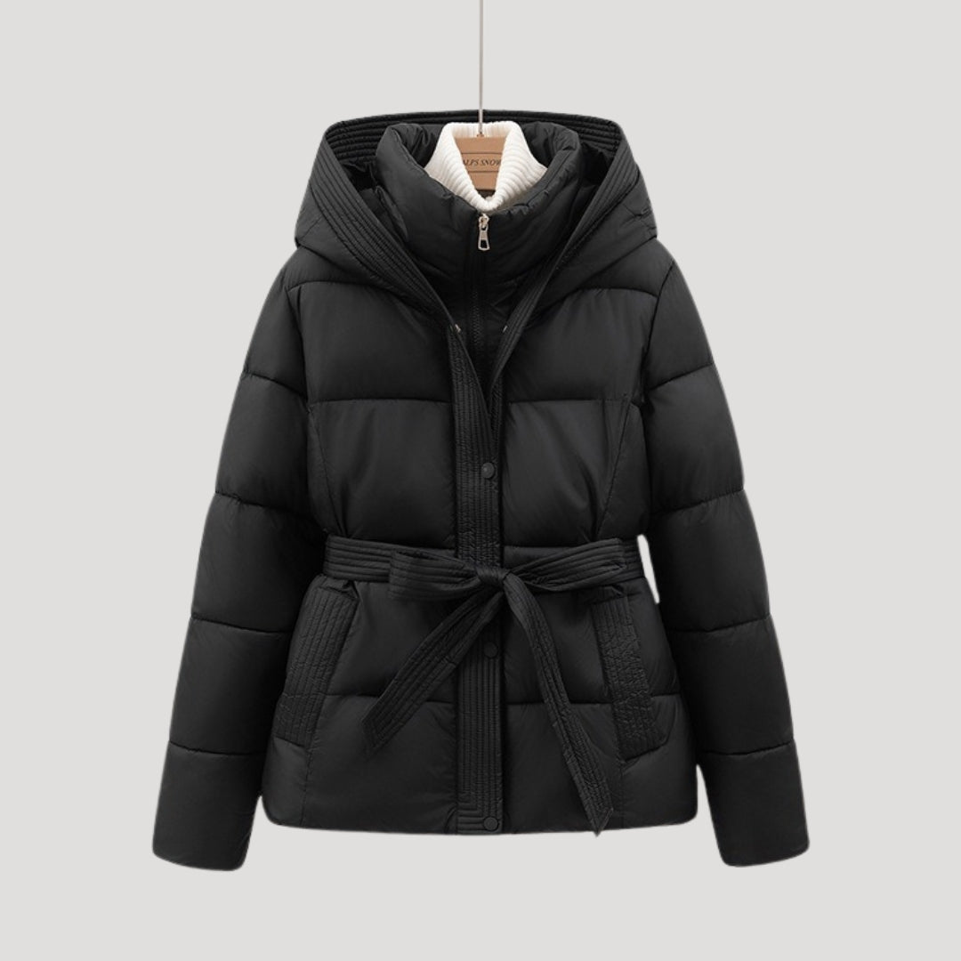 Damen-Winter-Steppjacke mit Kapuze und Gürtel 1