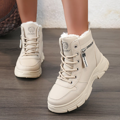 Damen-Winterstiefeletten – Schnürstiefel mit seitlichem Reißverschluss, weichem Futter und dicker Sohle 0