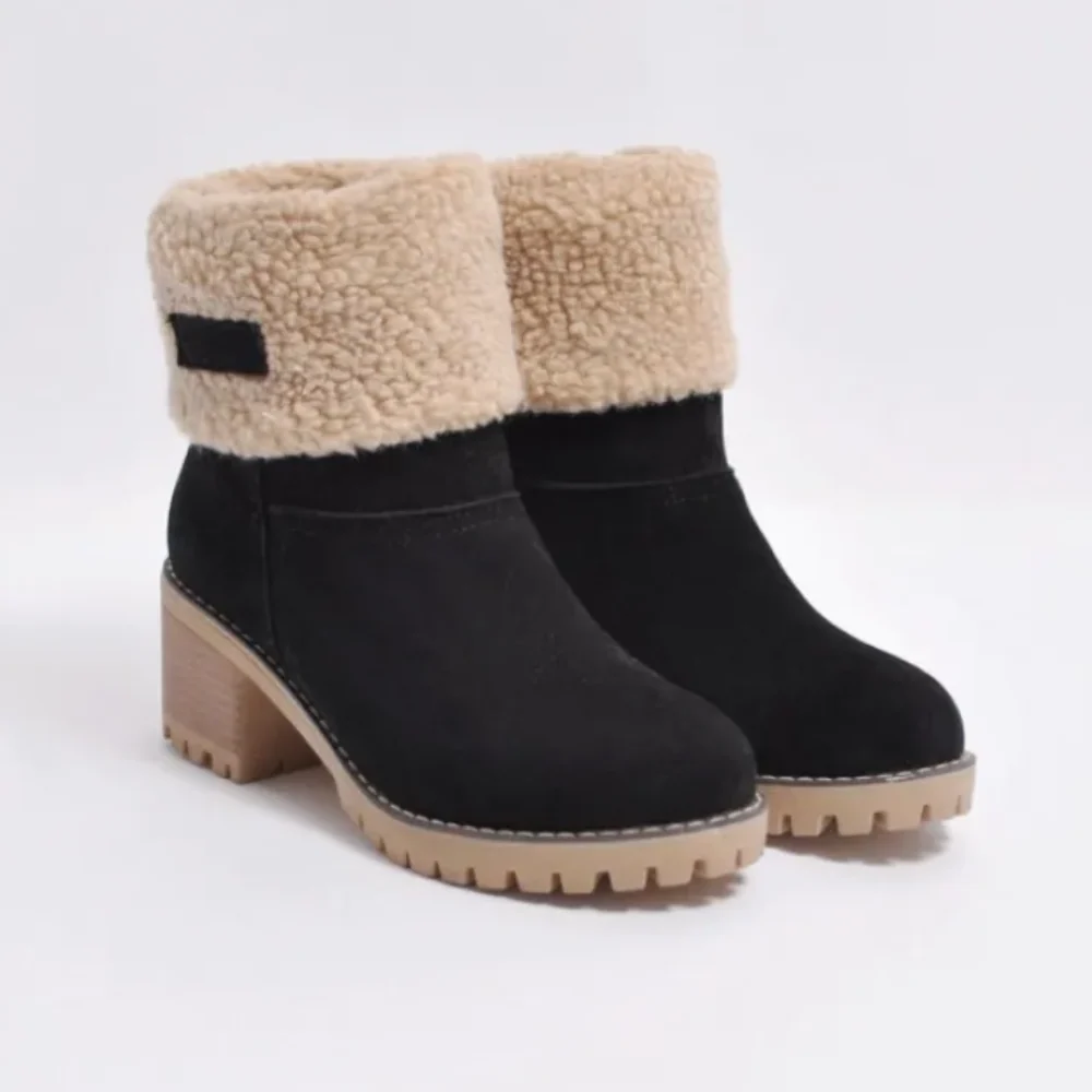 Damenstiefeletten – Lammfellfutter – Umschlagmanschette – Blockabsatz, robuste Sohle