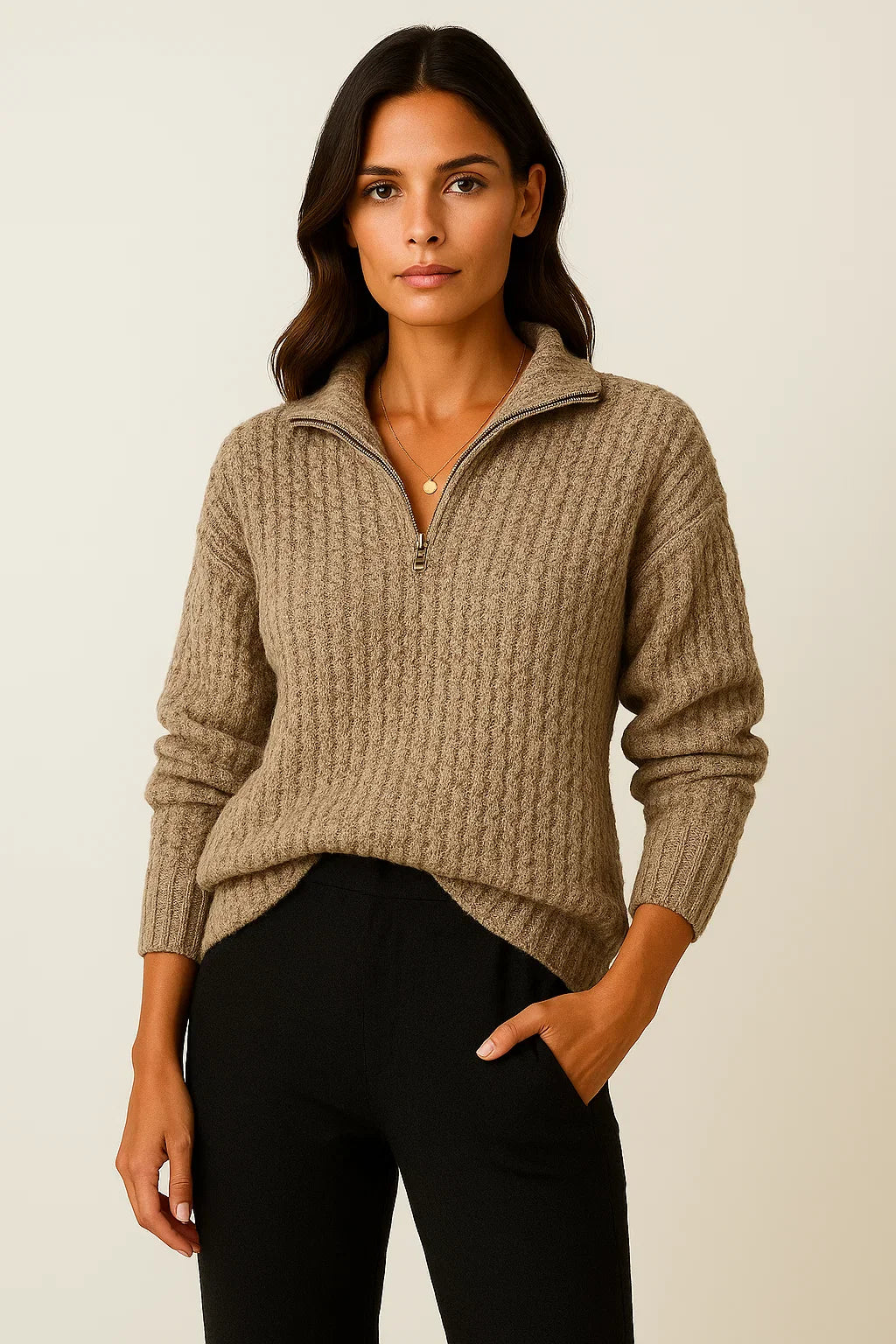 Gerippter Strickpullover mit hohem Kragen und Reißverschluss 
