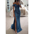 Glitzerndes schulterfreies Maxikleid mit herzförmigem Ausschnitt und Beinschlitz 9